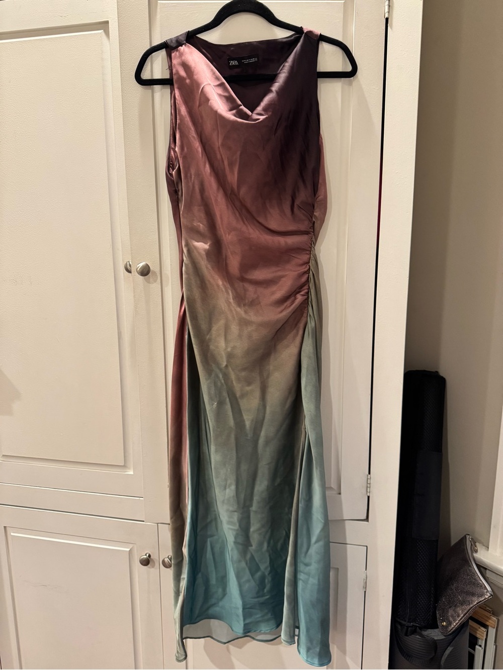 Zara Sleeveless Ombre Satin Maxi Dress in Pink and Teal